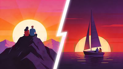 Podijeljena ilustracija: par koji promatra izlazak sunca s vrha planine nasuprot zalaska s jedrilice na mirnoj vodi