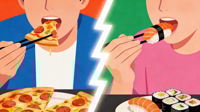 Podijeljena ilustracija: netko jede pizzu štapićima nasuprot nekoga tko jede sushi golim rukama