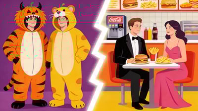 Podijeljena ilustracija: par u usklađenim smiješnim Halloween kostimima nasuprot para u formalnoj odjeći u restoranu brze hrane