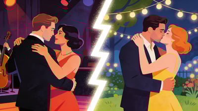 Podijeljena ilustracija: par koji pleše blisko u zamračenom jazz klubu nasuprot para koji se ljubi ispod svjetlećih žičica u vrtu