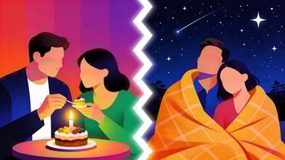 Podijeljena ilustracija: par koji dijeli desert uz svijeće nasuprot para koji gleda zvijezde umotanog u deku