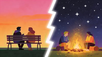 Podijeljena ilustracija: dvije osobe koje se duboko razgovaraju na klupi u parku u sumrak nasuprot dvoje koji sjede pokraj vatre pod zvijezdama