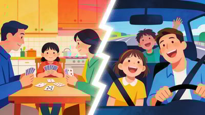 Split illustration: family playing a card game at the kitchen table versus family laughing together on a road trip