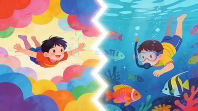 Split illustration: kid flying through clouds versus kid breathing underwater with fish