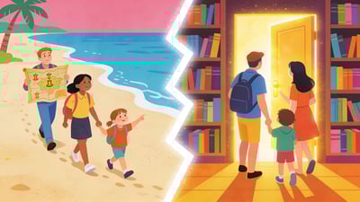Split illustration: family following a treasure map on a beach versus family discovering a hidden dosau behind a bookshelf