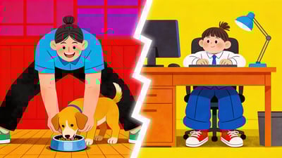 Split illustration: person acting like a dog eating from a bowl versus kid wearing adult clothes at an office desk