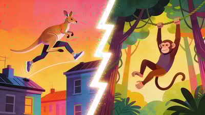 Split illustration: person bouncing high like a kangaroo over houses versus person swinging through trees like a monkey