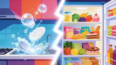 Split illustration: sparkling clean kitchen with dishes washing themselves versus overflowing fridge full of colorful food