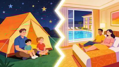 Split illustration: family camping in a tent under the stars versus family relaxing in a fancy hotel room with a pool view