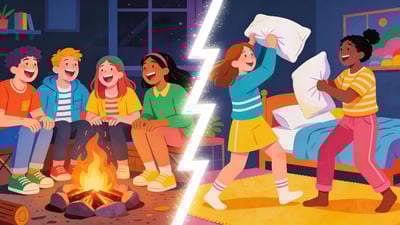 Split illustration: group of friends laughing around a campfire versus friends having a pillow fight at a sleepover