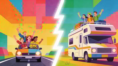 Split illustration: friends crammed in a tiny car on a road trip versus friends on a massive RV adventure