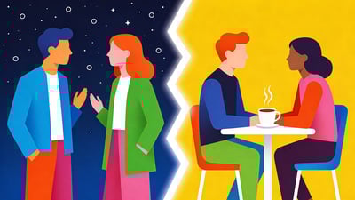 Split illustration: two friends talking under a starry night sky versus friends having a serious chat over coffee
