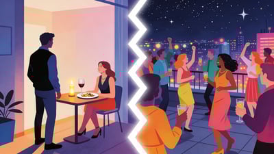 Split illustration: person choosing between a quiet dinner with one friend versus a bustling rooftop party with many people