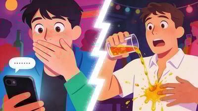 Split illustration: person accidentally sending a text to the wrong person versus someone spilling a drink all over themselves at a party