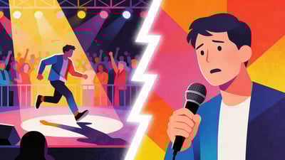 Split illustration: person tripping on stage in front of a crowd versus person holding a microphone with a blank expression forgetting lyrics