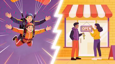 Split illustration: two best friends skydiving together versus two best friends opening a small business together
