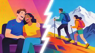 Split illustration: a couple laughing together on a couch versus a couple on an adventurous hike through mountains
