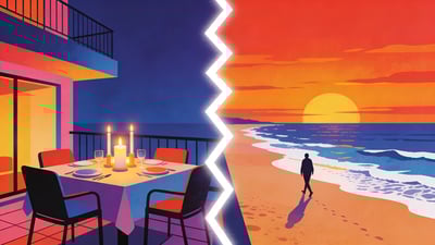 Split illustration: a candlelit dinner on a rooftop terrace versus a sunset walk along a quiet beach