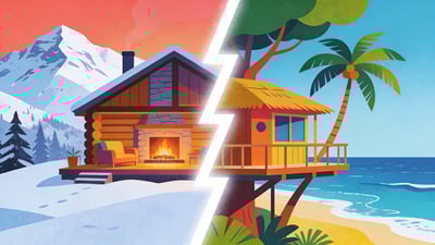 Split illustration: a cozy cabin in the snowy mountains with a fireplace versus a tropical treehouse overlooking the ocean