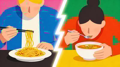 Split illustration: a person trying to eat spaghetti with chopsticks versus a person drinking soup with a fork