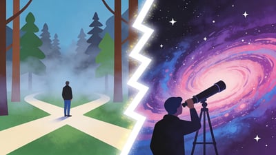 Split illustration: a person standing at a crossroads in a misty forest versus a person looking through a telescope at distant galaxies