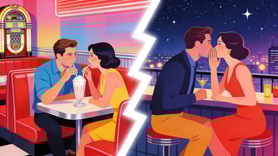 Split illustration: a couple sharing a milkshake at a retro diner versus a couple whispering to each other at a rooftop bar