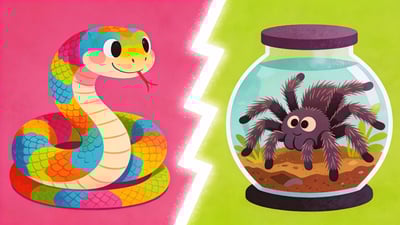 Ilustrație împărțită: șarpe colorat de desene animate versus tarantulă pufoasă de desene animate în terariu
