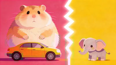 Ilustrație împărțită: hamster uriaș de mărimea unei mașini versus elefant minuscul de mărimea unui cățeluș
