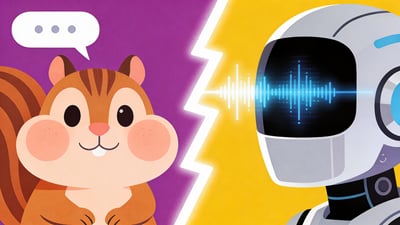 Split illustration: cute chipmunk with big cheeks and speech bubbles versus sleek robot head with digital voice waves