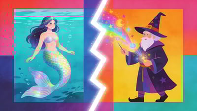 Split illustration: magical mermaid with shimmering tail in turquoise ocean versus wizard casting colorful spells