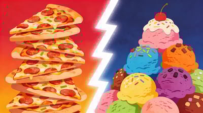 Split illustration: tower of pizza slices stacked high versus mountain of colorful ice cream scoops