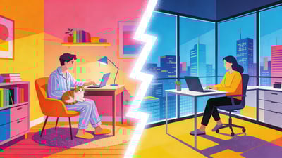 Split illustration: a person working from a cozy home desk in pajamas versus a person in a sleek corner office with city views