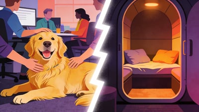 Split illustration: a happy golden retriever lounging in an office with employees petting it versus a cozy nap pod room with soft lighting