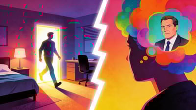 Split illustration: a person stepping through a glowing portal from their bedroom to their office desk versus a person with thought bubbles revealing their boss's inner thoughts