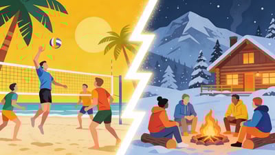 Split illustration: a team playing volleyball on a sunny beach with palm trees versus a team gathered around a campfire in a snowy mountain lodge