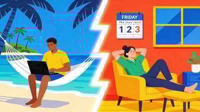 Split illustration: a person working from a laptop on a tropical island with a hammock versus a person relaxing at home on a Friday with a three-day weekend calendar