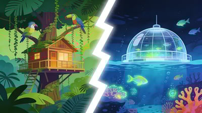 Ilustración dividida: casa del árbol en la selva amazónica versus cúpula submarina en el océano