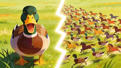 Ilustración dividida: un pato gigante del tamaño de un caballo contra cien caballos pequeños del tamaño de un pato
