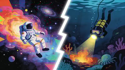 Ilustración dividida: astronauta flotando en el espacio profundo versus buzo explorando el océano profundo