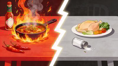 Ilustración dividida: mesa llena de comida picante con fuego versus comida insípida sin sazón ni sal