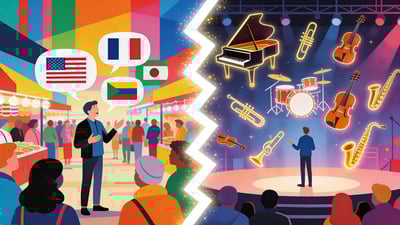 Ilustración dividida: persona hablando todos los idiomas en un bazar mundial versus persona rodeada de todos los instrumentos musicales