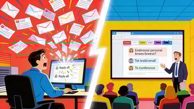 Ilustración dividida: trabajador de oficina en pánico enviando un correo electrónico de responder a todos versus presentador compartiendo accidentalmente pestañas personales del navegador en la pantalla