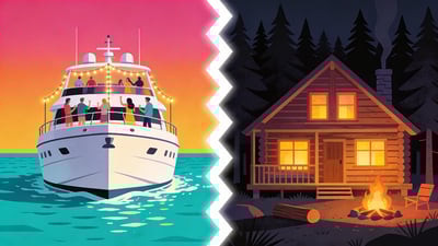 Ilustración dividida: gente de fiesta en un yate de lujo en un océano turquesa versus cabaña de madera acogedora en un bosque de pinos oscuro con fogata