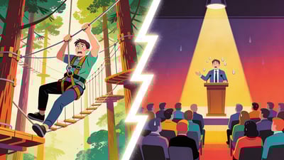 Ilustración dividida: persona nerviosa en un circuito de cuerdas altas entre árboles altos versus persona nerviosa dando un discurso en un podio a compañeros de trabajo