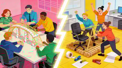 Ilustración dividida: equipo construyendo un puente de espagueti y malvaviscos versus equipo construyendo una balsa con sillas de oficina y cinta adhesiva