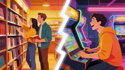 Ilustración dividida: pareja mirando estantes de libros en una librería acogedora versus pareja jugando juegos en una sala de juegos retro con luces de neón
