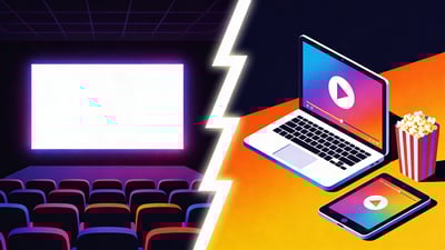 Geteilte Illustration: leuchtende Kinoleinwand im Dunkeln versus Laptop mit Streaming-Wiedergabeknopf und Popcorn