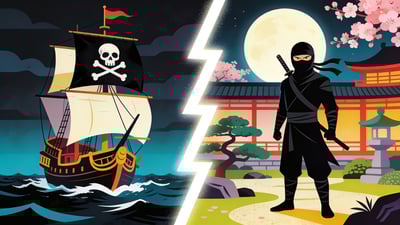 Ilustrație împărțită: corabie de pirați pe mări furtunoase versus ninja într-o grădină în lumina lunii