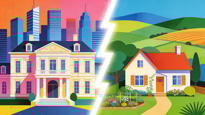 Ilustrație împărțită: conac grandios cu panorama orașului versus căsuță fermecătoare pe dealuri verzi