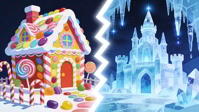 Ilustrație împărțită: căsuță colorată din dulciuri versus palat de gheață strălucitor